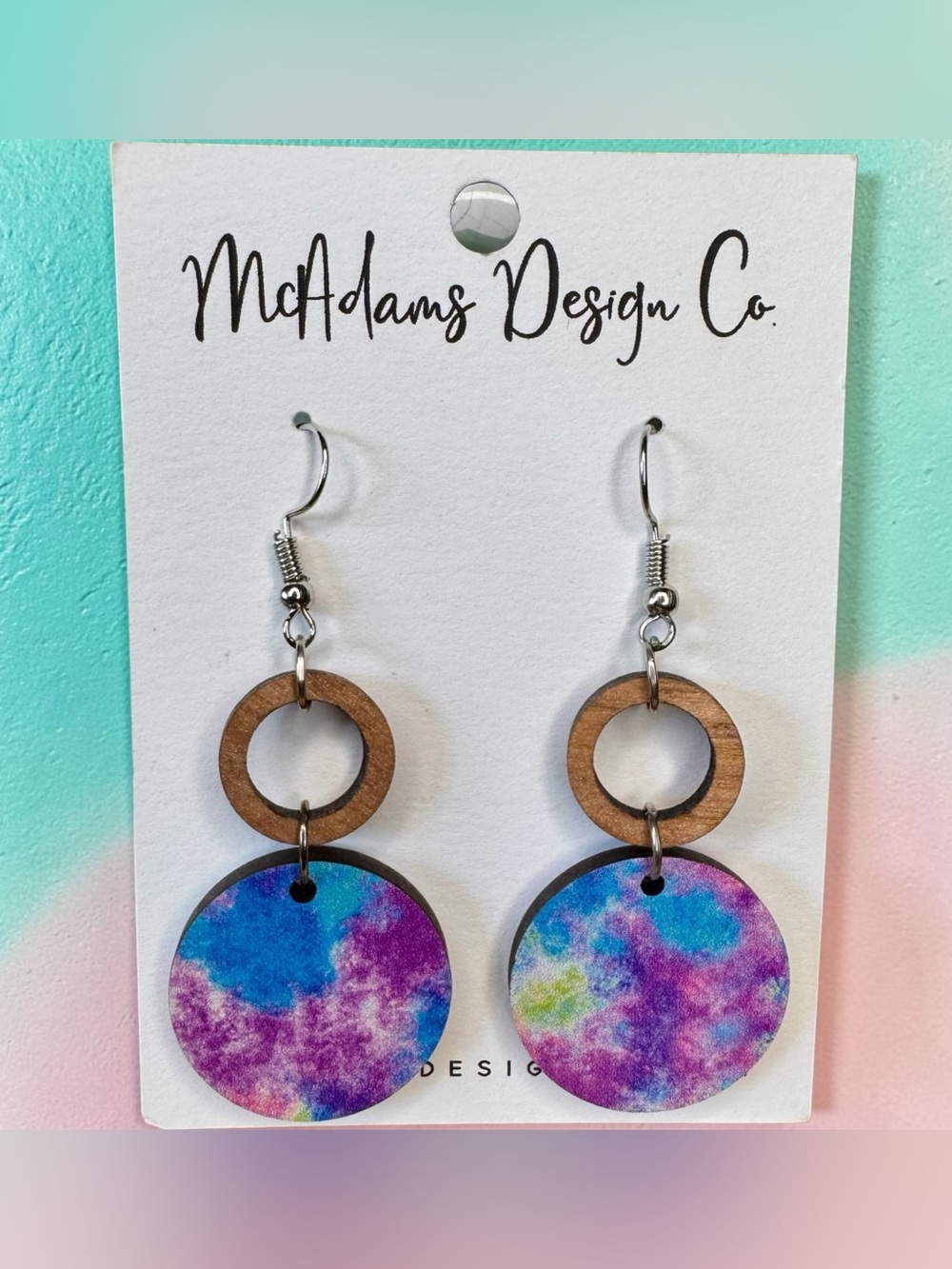 McAdams Design Co. Multicolor Tie-Dye Wooden Hoop Dangle Earrings